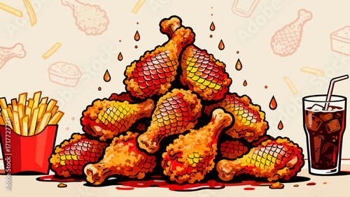 Fried chicken fast food, hand-drawn vector illustrations