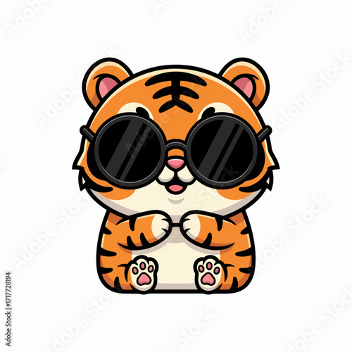 Adorable cartoon tiger character rocking cool sunglasses and chubby kawaii design