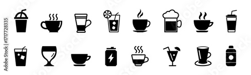 Beverages and smoothies glyph icon set. Vector pictograms of protein, shake, detox, kombucha, sparkling water bottle, takeaway, almond milk, black sign silhouette.