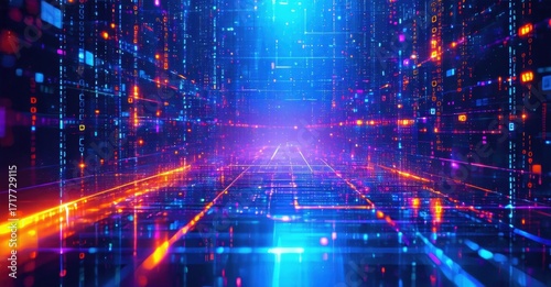 Digital tunnel, vibrant colors, glowing lines. Futuristic scene, data streams, abstract geometry. Intense light, dark background.