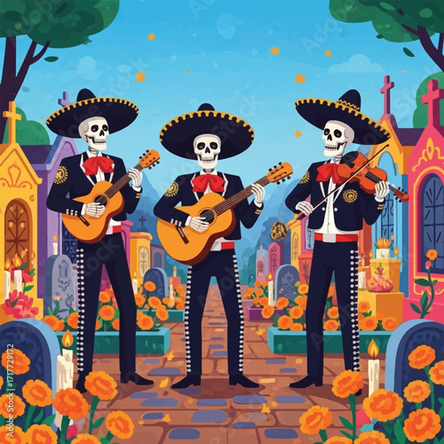 Three skeleton mariachi musicians playing instruments in a cemetery, vibrant Day of the Dead scene.