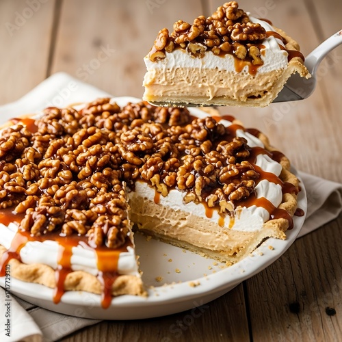 A delectable slice of caramel pecan pie, showcasing a creamy, custard-filled interior, generously topped with toasted walnuts and a drizzle of rich caramel.