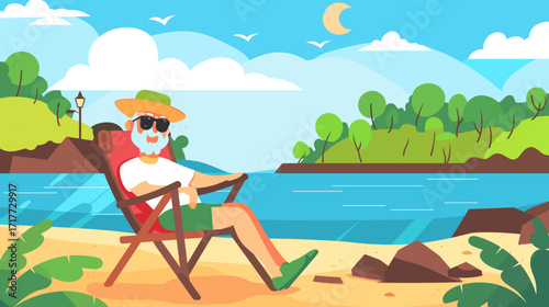 old man is sitting on a beach chair, white clouds in blue sky, green trees, rocks, and a water surface, atmosphere of relaxation. Senior man with sunglasses, hat, shorts. Eldery people on having vacat