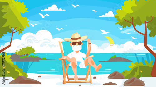 old man is sitting on a beach chair, white clouds in blue sky, green trees, rocks, and a water surface, atmosphere of relaxation. Senior man with sunglasses, hat, shorts. Eldery people on having vacat