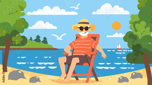 old man is sitting on a beach chair, white clouds in blue sky, green trees, rocks, and a water surface, atmosphere of relaxation. Senior man with sunglasses, hat, shorts. Eldery people on having vacat