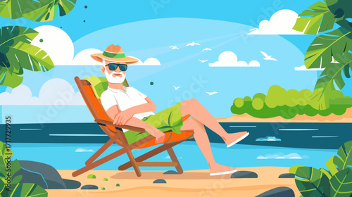 old man is sitting on a beach chair, white clouds in blue sky, green trees, rocks, and a water surface, atmosphere of relaxation. Senior man with sunglasses, hat, shorts. Eldery people on having vacat