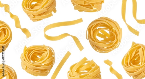 Uncooked pasta, various shapes,  and colors, against a bright white background, displays a food photography composition.