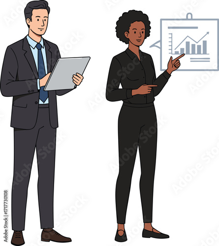 Businessman holding tablet in office, businesswoman giving presentation with chart, teamwork collaboration, corporate discussion, professional attire, workplace communication, 