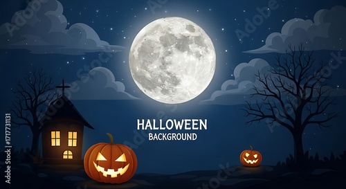 A spooky Halloween night scene featuring a large moon, a small illuminated house, and two jack-o'-lantern pumpkins.