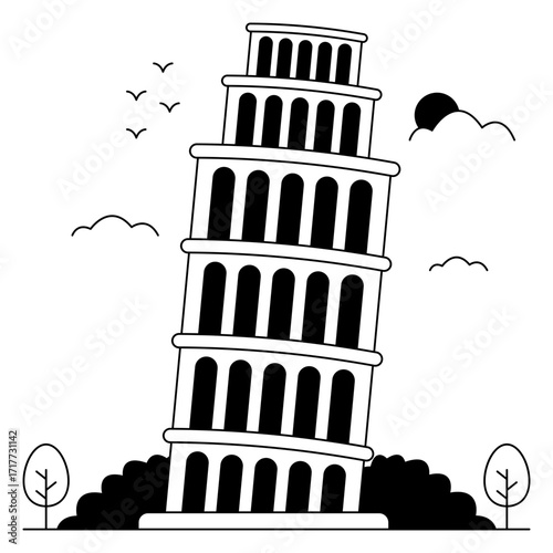 A solid design icon of tower of pisa