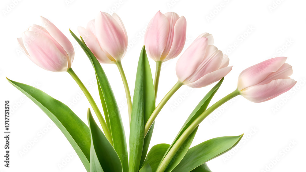 Obraz premium A close up of five light pink tulips with green leaves against a clean white background in soft focus
