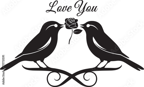 sparrow bird love text with gift flower silhouette illustration on white background