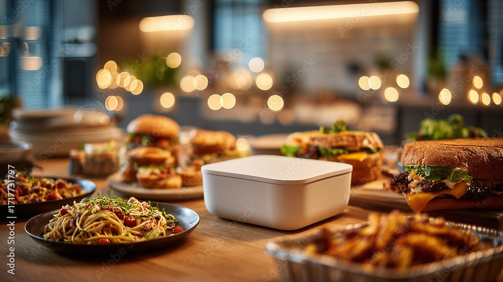 Fototapeta premium A modern kitchen countertop scene with a variety of foods including a sandwich, pasta, and foil tray meal