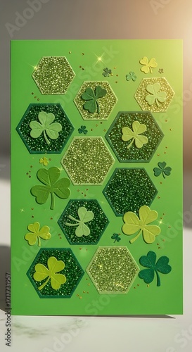 A vibrant design featuring a repeating pattern of  hexagons filled with glitter and shamrock shapes.