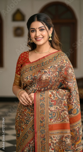 Young beautiful Indian woman in traditional embroidery saree