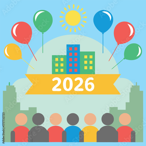 Cheerful Celebration of 2026 with Balloons Above City Skyline and Diverse Crowd Gathered Together in Community Event