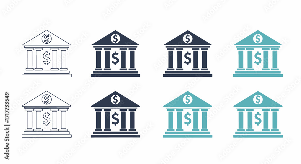 Fototapeta premium Bank building dollar sign vector icon set illustration