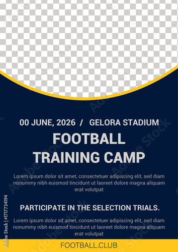 Editable football training camp flyer template with bold typography, photo placeholder and modern blue yellow design. Perfect for soccer clubs, events, practice sessions and sports promotion.
