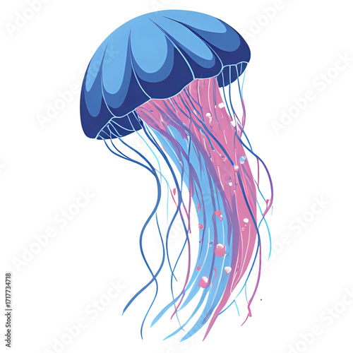 Floating Jellyfish with Elegant Translucent Tentacles | Graceful Underwater Jellyfish Illustration with Flowing Tentacles | Ethereal Jellyfish Floating in Ocean Depths | Transparent Tentacled