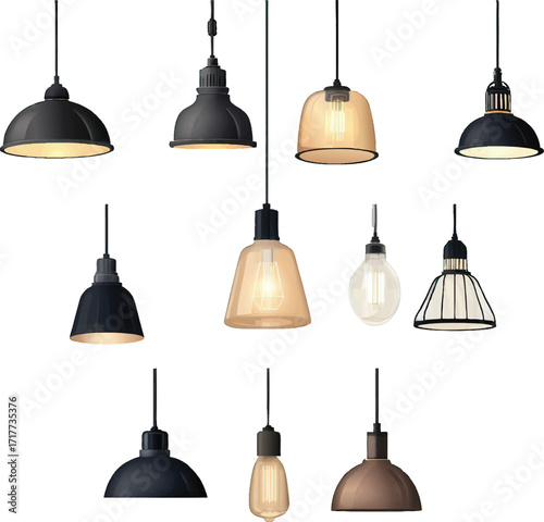 Collection of various hanging pendant light fixtures with different styles and colors Keywords: pendant light, hanging lamp, light fixture, industrial lamp