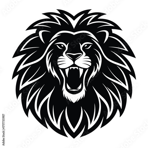 Powerful Roaring Lion Head with a Majestic Mane and Sharp Teeth in Striking Black and White Tattoo Style