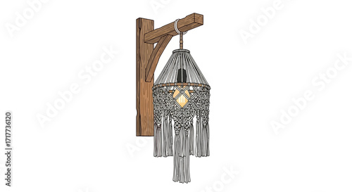 Handmade macrame lampshade on a wooden base, bohemian interior concept