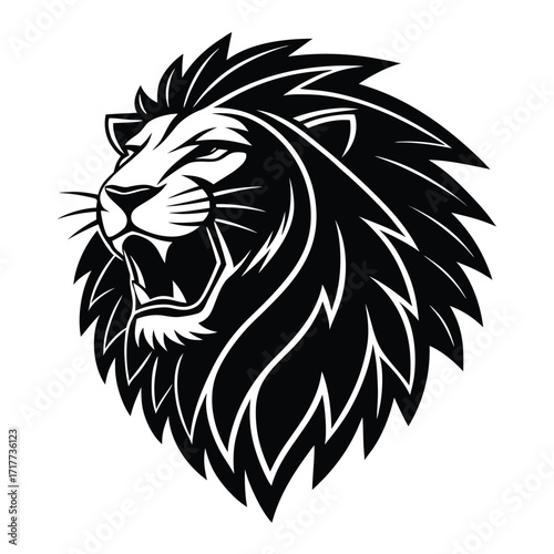 Majestic Lion Head Illustration Black and White Roaring Wild Cat Feline Predator Bold Mane Powerful and Intimidating Animal Symbol