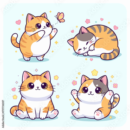 Set Kawaii Cats in Colorful Squares: Playful Cats, Yarn, and Cozy Moments Collection
