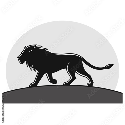 Majestic Lion Silhouette Strolling Serenely on a Hill against a Muted Backdrop of Tranquility and Peaceful Solitude