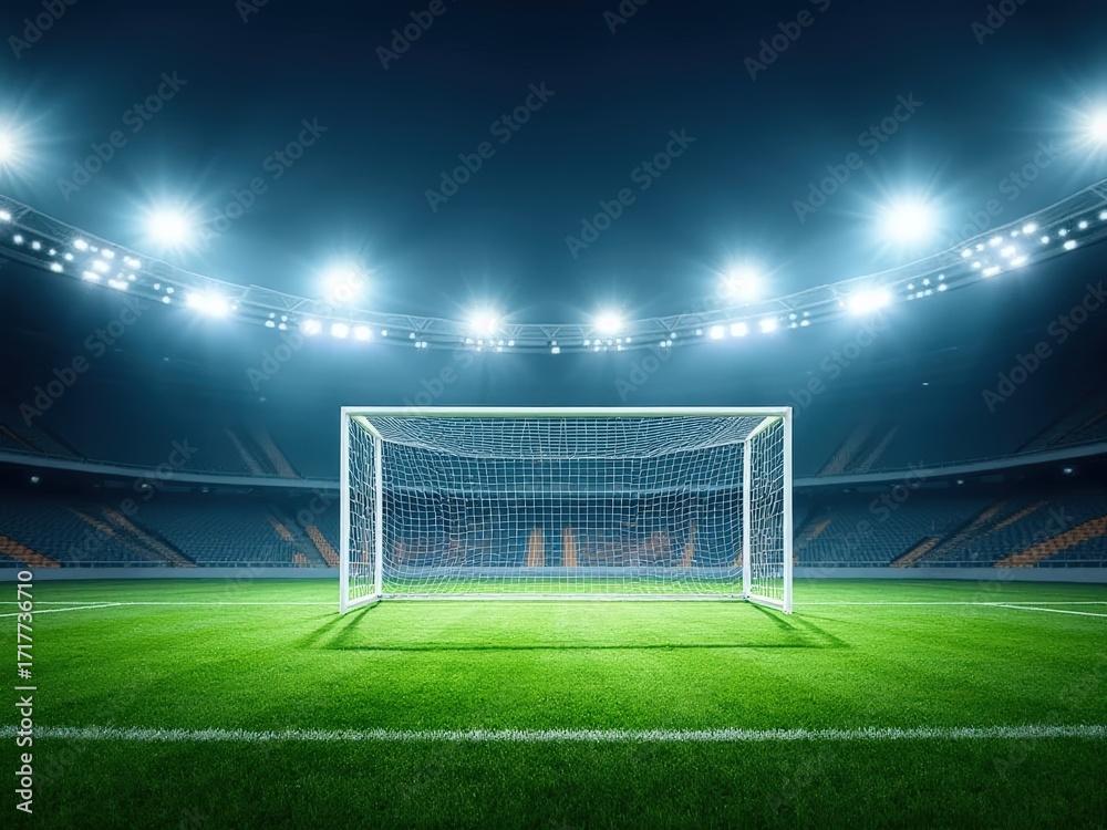 Fototapeta premium football goalpost on green pitch with empty stadium under floodlights