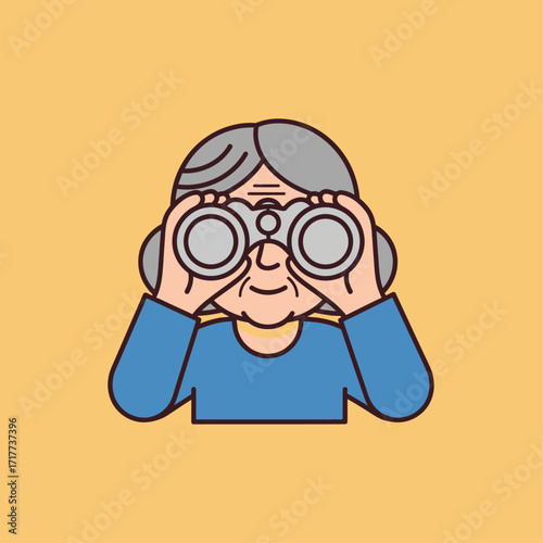 Elderly woman using binoculars, observing, looking, searching, discovery, exploration.