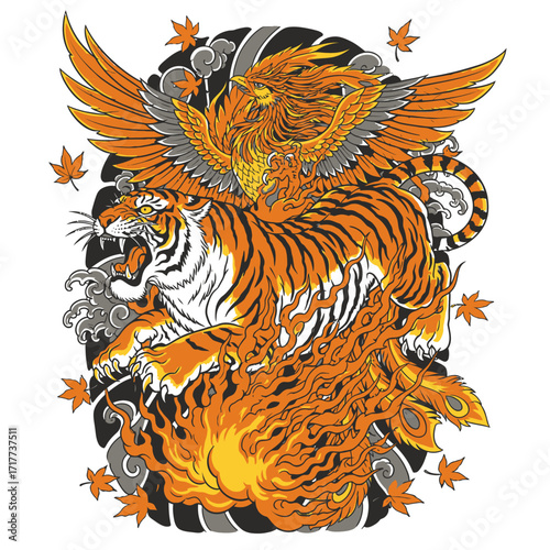 A majestic tiger engulfed in flames, with a phoenix soaring above, surrounded by swirling clouds and falling leaves.