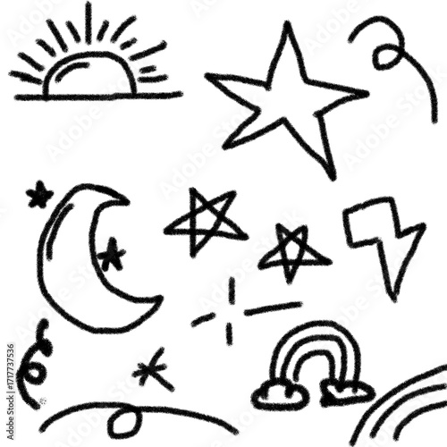 Doodle cartoon set of handdrawn celestial and weather elements isolated on transparent background