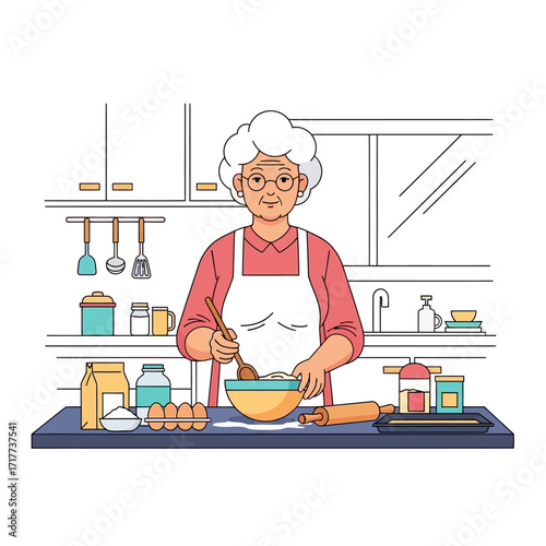 An elderly woman in a kitchen, mixing ingredients, preparing a baked dish.