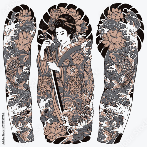 Traditional Japanese tattoo design featuring a geisha holding a katana surrounded by koi fish and floral elements.