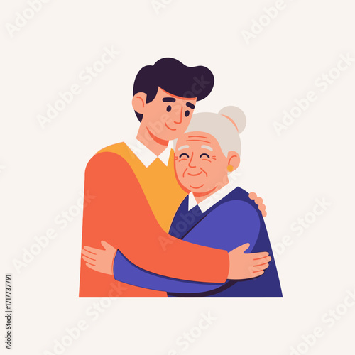 A young man lovingly embraces an elderly woman, a heartwarming illustration of familial affection.