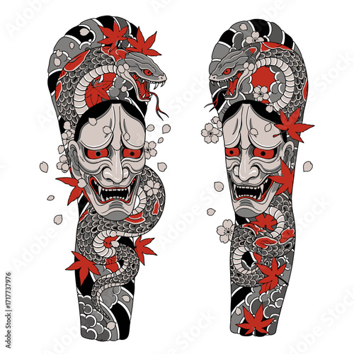 Japanese Hannya mask tattoo design with a snake, maple leaves, and floral elements on a sleeve.