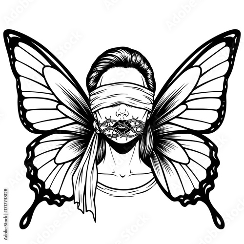 Illustration of a woman with a blindfold, butterfly wings, and a mouth covered in thorns.