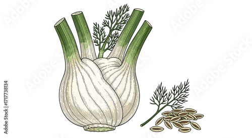 Fennel (Foeniculum vulgare) – Fennel bulb and seeds sketch. Engraving vector illustration.