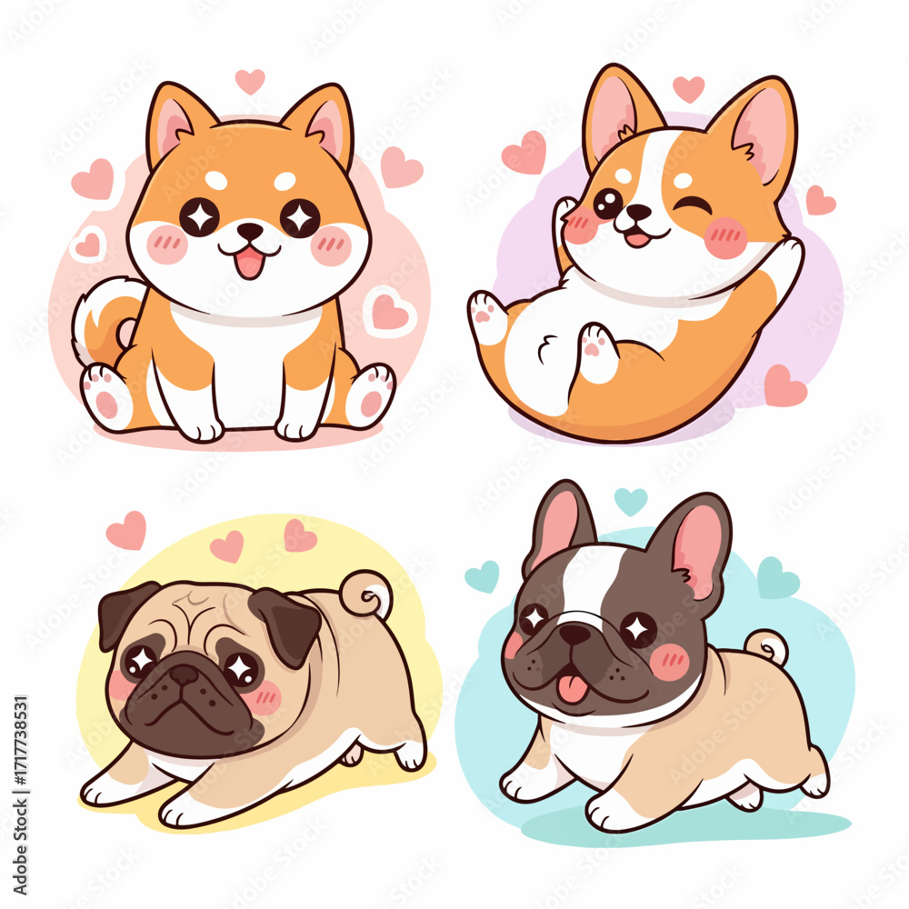 Fototapeta premium Cute Puppies In Playful, Happy Cartoon Style For Kids And Pets