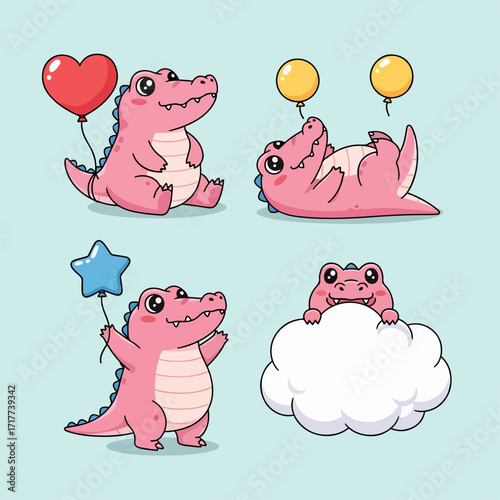 Cute Kawaii Four Cute Pink Alligators 