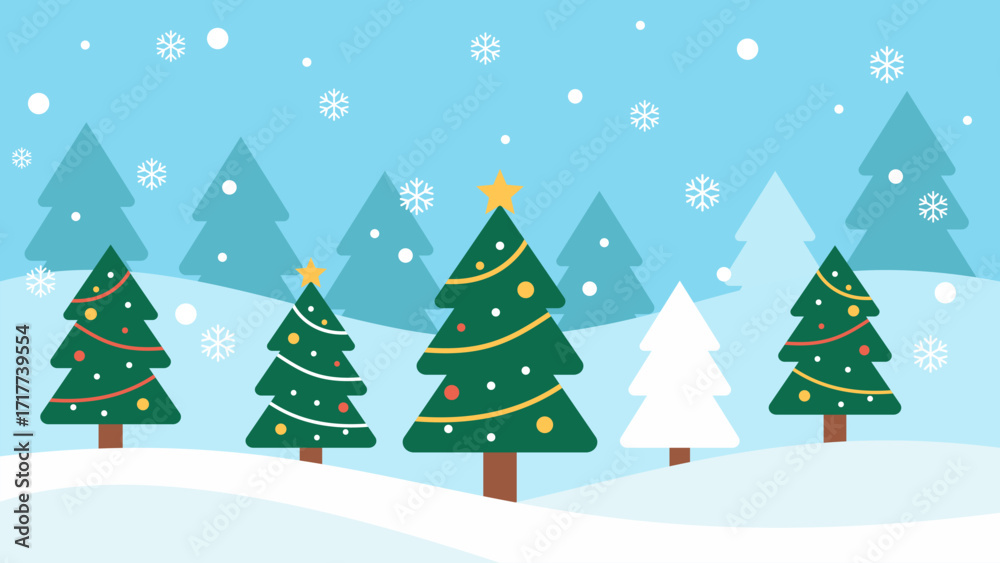 Obraz premium Vector illustration of decorated Christmas trees with snowflakes falling in a winter landscape, creating a festive and joyful holiday atmosphere.