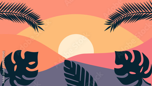 Vector illustration of a tropical sunset with palm leaf silhouettes and colorful gradient sky, creating a relaxing and exotic atmosphere.