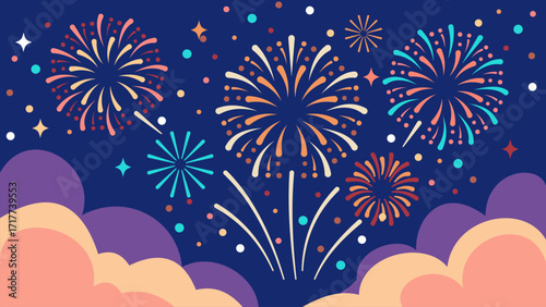 Vector illustration of colorful fireworks exploding in the night sky above fluffy clouds, symbolizing joy, celebration, and festive events.