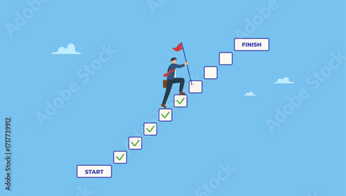 Businessman step on checklist to progress to target. Progression from start to success, development or improvement, challenge to progress and win competition, tasks completion to finish project.