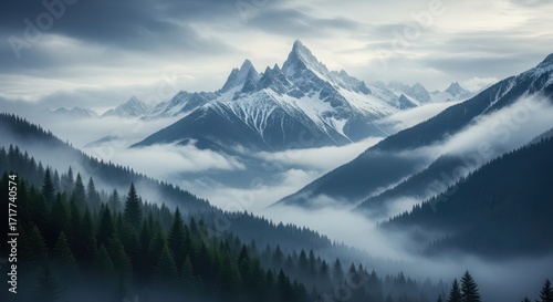 Majestic mountain peaks shrouded in ethereal mist during a serene dawn