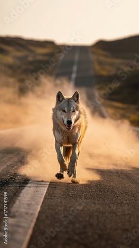 Powerful Wolf Runs Swiftly Along a Dusty Road at Sunset in an Open Landscape