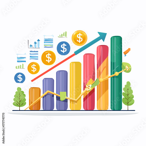 Business Growth Chart Icons- Upward Arrows, Profit Bars, Success Diagrams, and Progress Symb