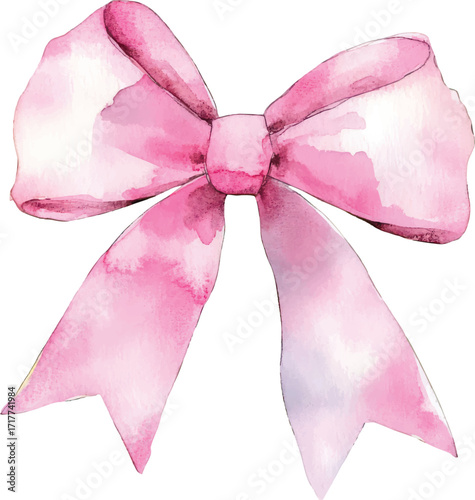 Watercolor illustration of a pink bow with soft shading and texture on a white background Keywords: bow, ribbon, pink, watercolor, illustration, art, design