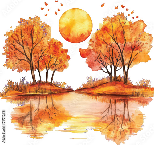 Watercolor painting of an autumn landscape with trees, a sun, and reflections on water Keywords: autumn, fall, landscape, watercolor, painting, trees